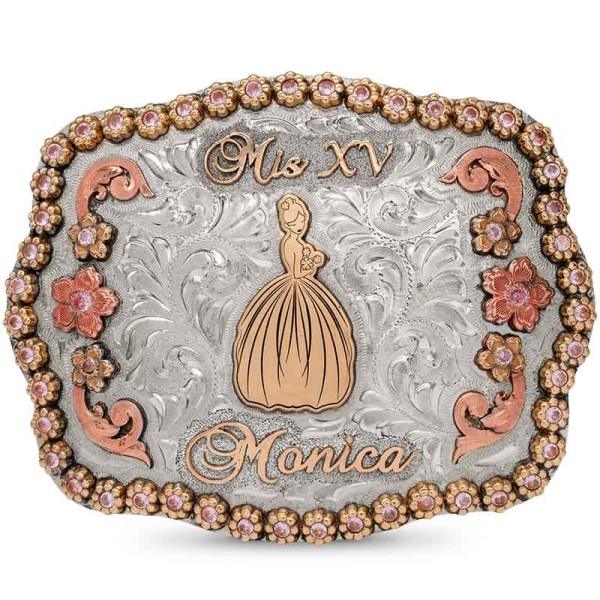 A custom belt buckle for women featuring a quiceanera bronze figure with lettering for Mis XV, coloured berries and copper scrolls 